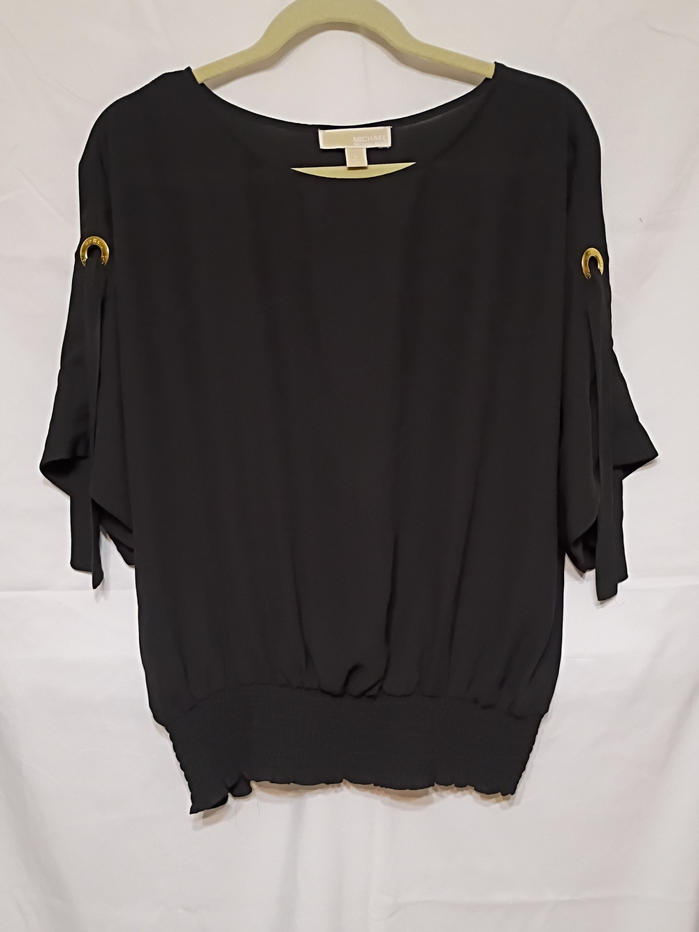 Michael Kors Black Blouson Top with Gold Ring Accents